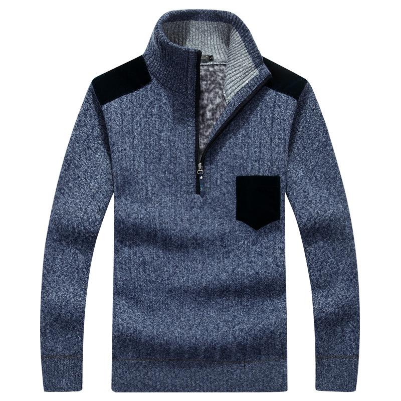 2016男士加絨加厚立領套頭毛衣青年秋冬季保暖休閒拉鏈撞色針織衫工廠,批發,進口,代購
