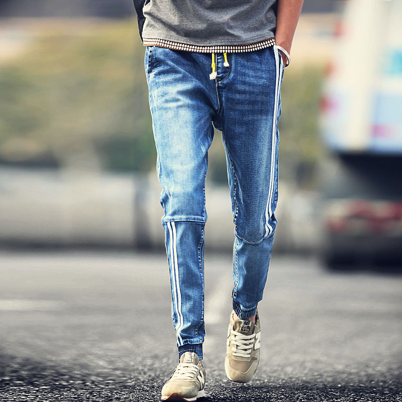 2016夏季爆款男士水洗純色條紋修身小束腳牛仔長褲一件代發男潮工廠,批發,進口,代購
