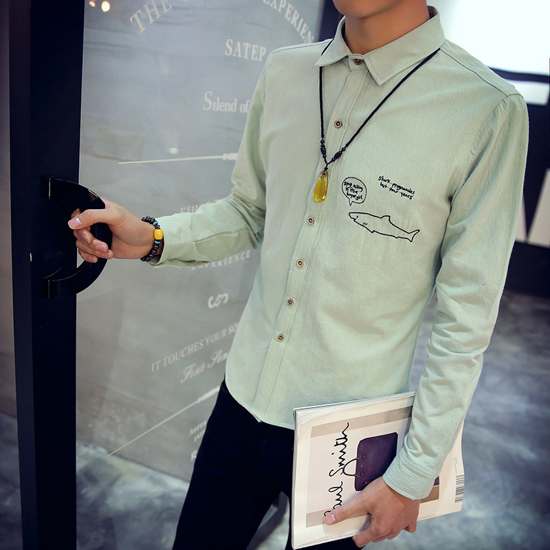 2016男士純色繡花打底衫 長袖襯衫韓版修身襯衣 一件代發工廠,批發,進口,代購