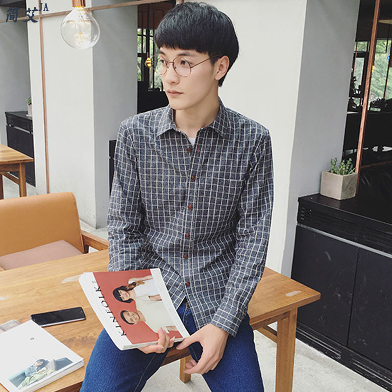 秋季新品男士長袖襯衫修身純棉格子打底襯衣學生青少年休閒男裝潮工廠,批發,進口,代購