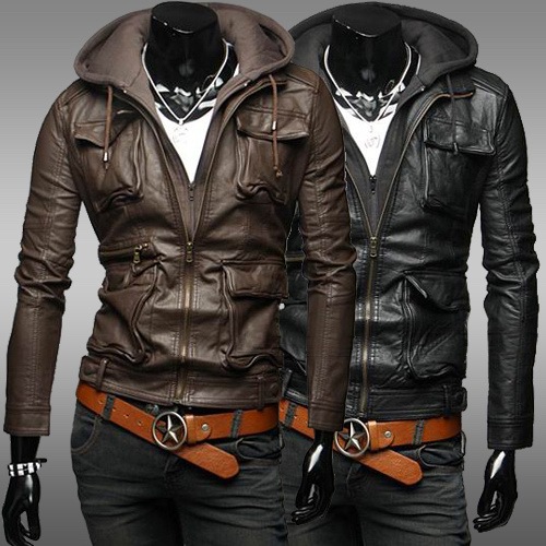 2015秋冬季男士連帽多口袋皮衣 男士修身假兩件夾克外套工廠,批發,進口,代購