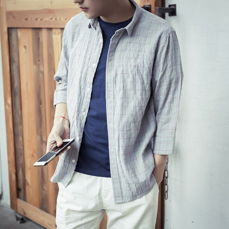 2016夏季新款男士時尚韓版格子拼色麻料透氣潮流修身短袖襯衫323工廠,批發,進口,代購