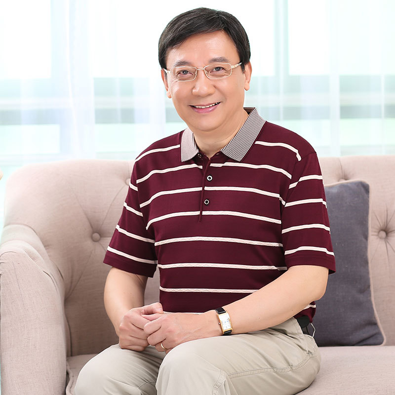 批發夏季男裝短袖t恤 大碼桑蠶絲條紋套頭寬松上衣中年體恤爸爸裝批發・進口・工廠・代買・代購