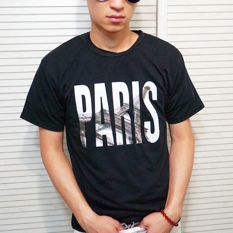 T-002P15新款韓版男士T恤短袖圓領字母巴黎黑色帥氣棉休閒寬松工廠,批發,進口,代購