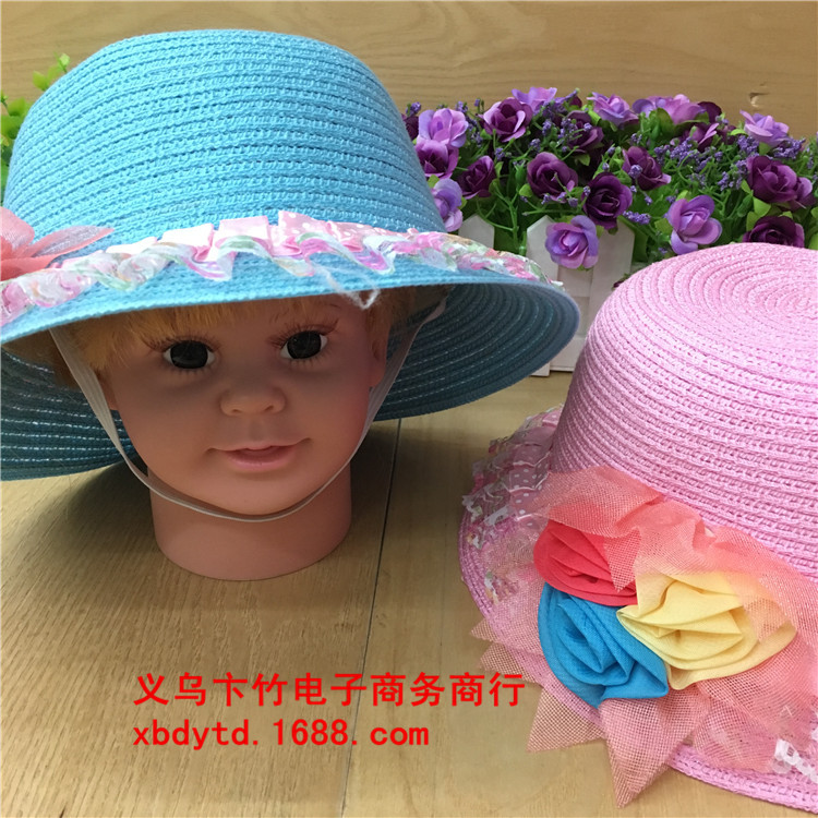 2016三朵花玫瑰花萊絲花邊夏天兒童遮陽草帽，2-5歲工廠,批發,進口,代購