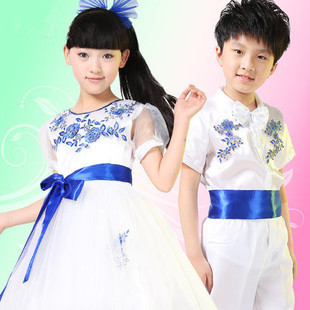 青花瓷連衣裙 男女童古箏二胡演出服 中小學生集體兒童大合唱服裝批發・進口・工廠・代買・代購