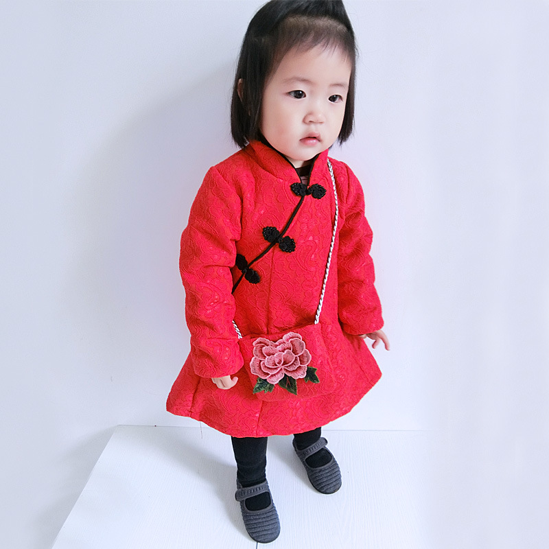 一件代發新年裝冬季中國風女童寶寶加絨加厚蕾絲繡花挎包連衣裙批發・進口・工廠・代買・代購