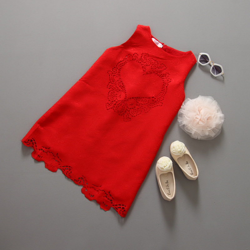 童裝批發 2016夏裝新款 特價女童紅色無袖鏤空連衣裙 禮服裙工廠,批發,進口,代購