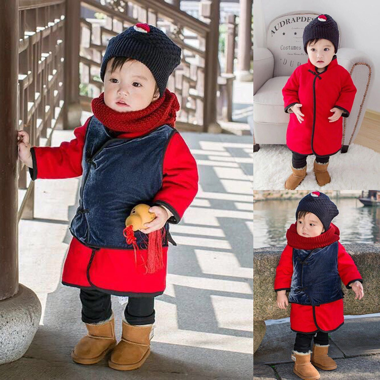 2017新款新年裝1-3歲男童寶寶加棉加厚童套裝地主服喜慶大紅唐裝批發・進口・工廠・代買・代購