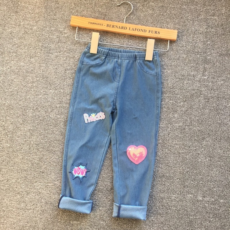 外貿原單童裝calze女童塗鴉徽章松緊腰彈力水洗牛仔內搭褲批發・進口・工廠・代買・代購