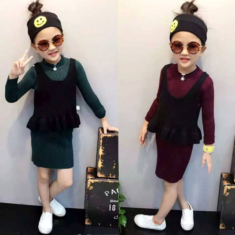 2016冬季新款韓版女童童裝長袖毛衣童裙兩件套加厚打底裙廠傢批發工廠,批發,進口,代購