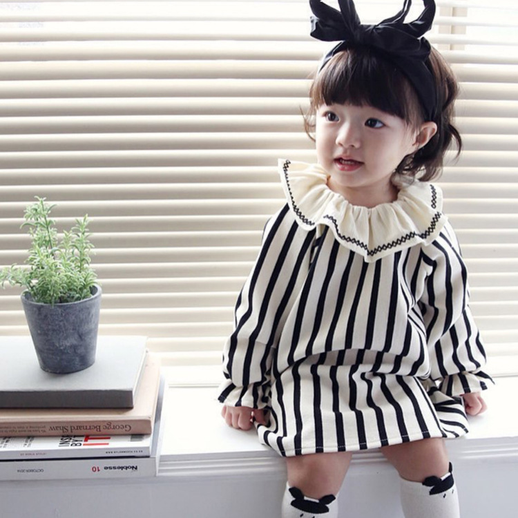 2016秋季新款韓國童裝女小童寶寶黑白條紋荷葉領長袖復古連衣裙工廠,批發,進口,代購