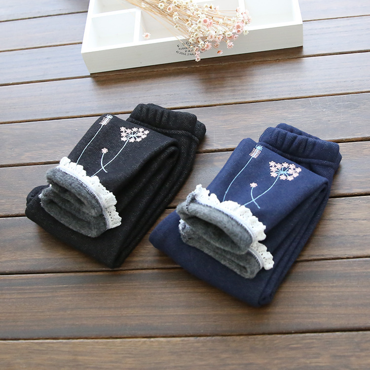 2016秋冬季童褲一件代發女童刺繡蕾絲加絨內搭褲兒童仿牛仔長褲批發・進口・工廠・代買・代購