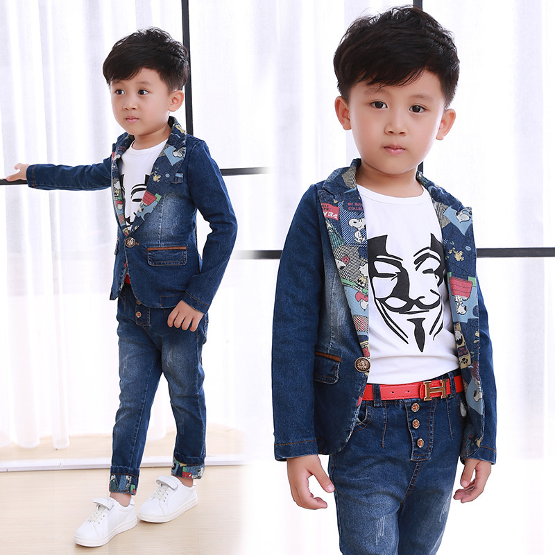 童裝一件代發2017春季新款韓版男童牛仔套裝 一粒扣牛仔小西裝服工廠,批發,進口,代購
