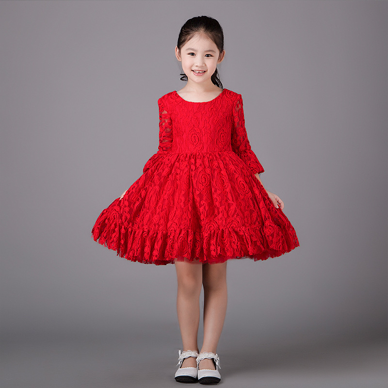 兒童紅色公主裙花童禮服蓬蓬裙女童婚紗親子晚禮服鋼琴演出服秋季批發・進口・工廠・代買・代購