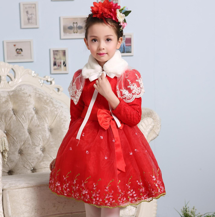 2015新款韓版冬季女童繡花加絨加厚蝴蝶結毛領公主禮服裙一件代發工廠,批發,進口,代購