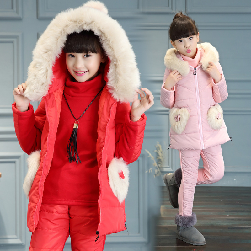 女童冬裝套裝加厚2016冬季新款童裝女雙桃心加絨三件套中大童棉衣工廠,批發,進口,代購