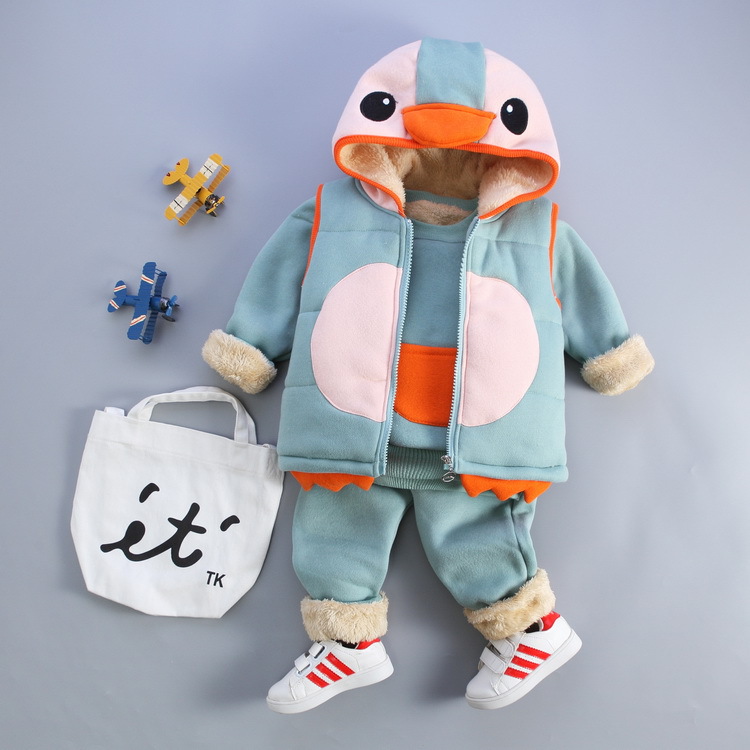 2016冬裝新款可愛企鵝男女寶寶連帽加絨加厚童套裝嬰幼保暖三件套工廠,批發,進口,代購
