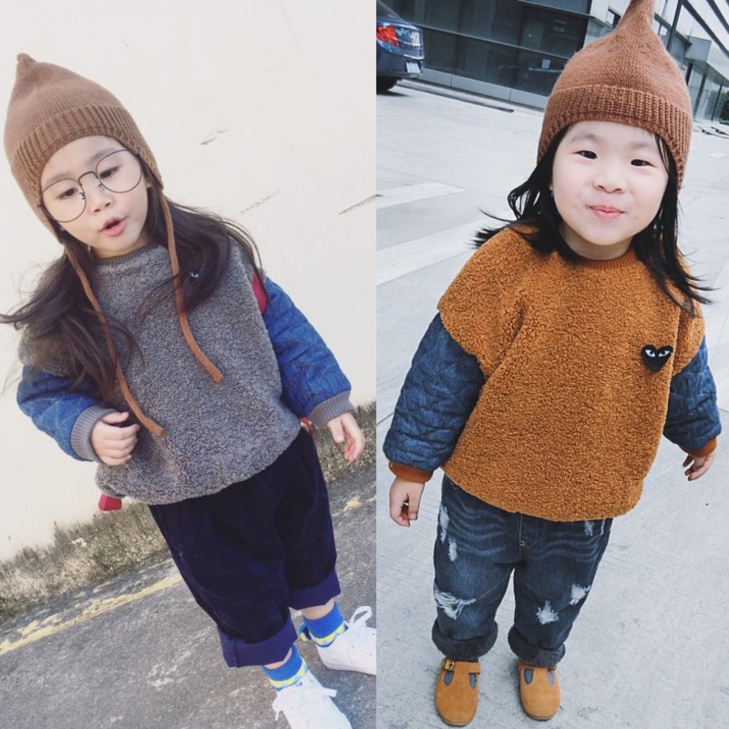 2016冬季新款韓國童裝男女小童寶寶羔羊絨愛心拼接牛仔袖菱格衛衣批發・進口・工廠・代買・代購