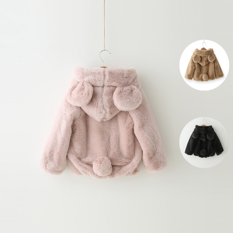韓版女童純色熊耳朵連帽夾棉毛毛外套 冬季新款童外套批發・進口・工廠・代買・代購