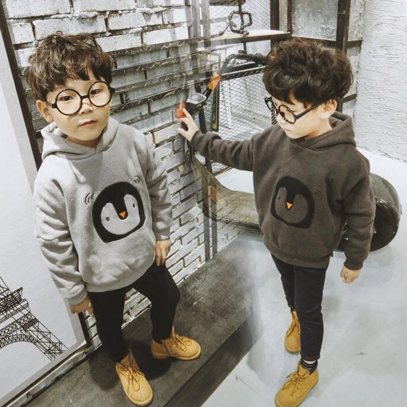 韓版童裝男童2-7歲 冬裝卡通企鵝加絨加厚上衣兒童連帽衛衣批發・進口・工廠・代買・代購