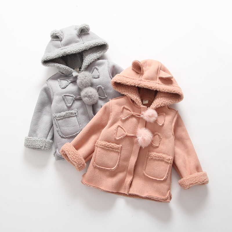2016冬季新品童裝一件代發 女童麂皮羊羔毛連帽外套 羊角扣大衣批發・進口・工廠・代買・代購