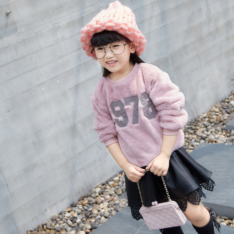 童裝批發冬款韓版女童純色數字寬松上衣雙層加絨衛衣中小童打底衫工廠,批發,進口,代購