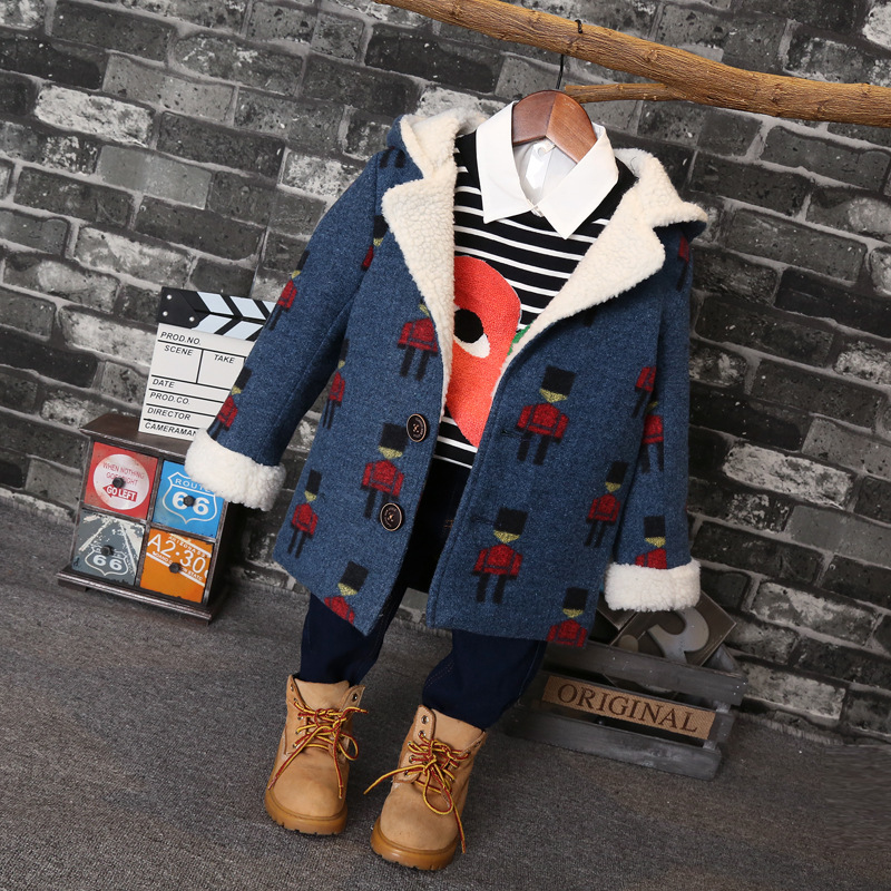 冬季韓版新款男童保暖羊羔絨中長款毛呢加厚連帽大衣潮工廠,批發,進口,代購