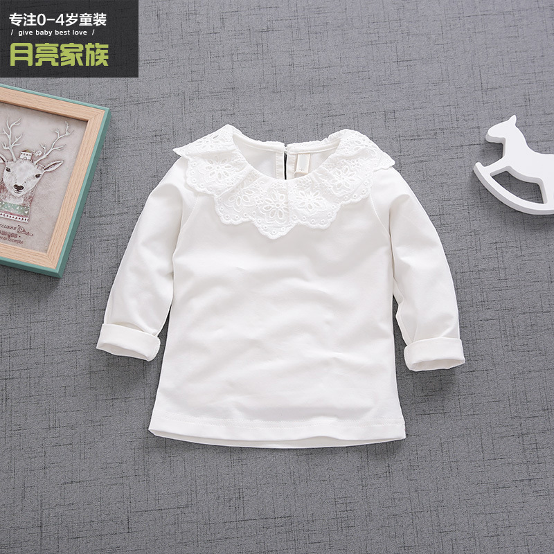 春季新款女童棉純色鏤空花邊T恤打底衫1-2-3歲嬰兒童裝潮上裝批發・進口・工廠・代買・代購