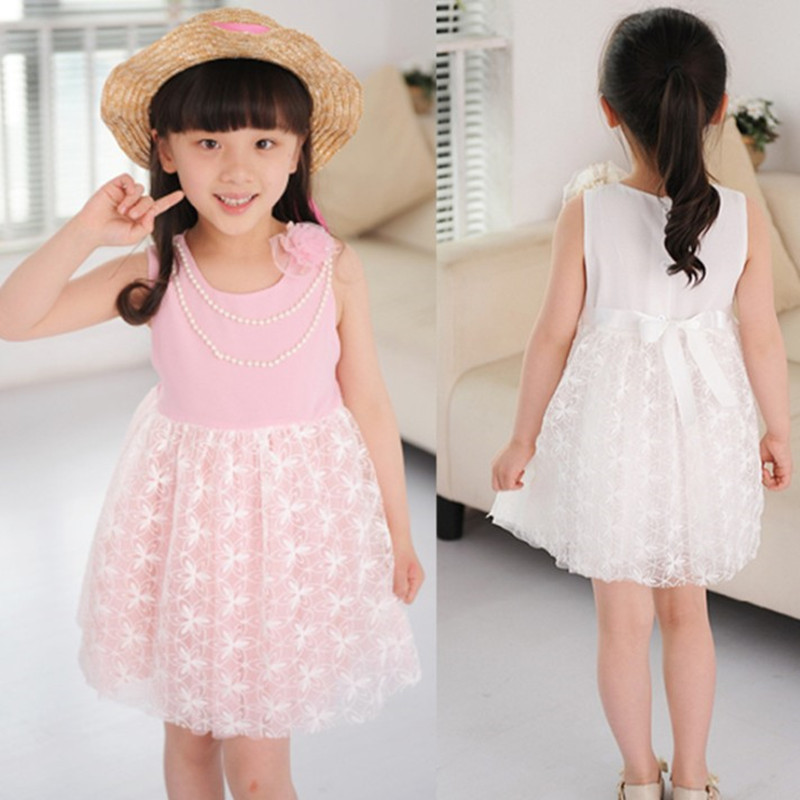 一件代發女童連衣裙新款韓版甜美無袖蕾絲珍珠項鏈小童公主裙批發・進口・工廠・代買・代購