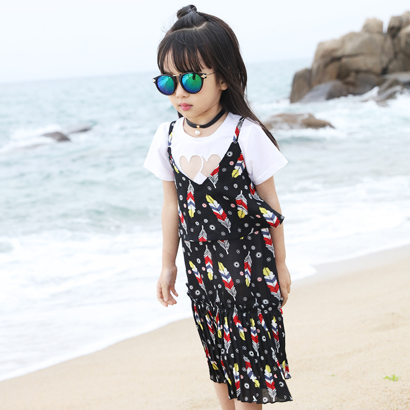 2016夏季新款裙童裝兒童羽毛吊帶百褶群連衣裙子女童韓版廠傢直銷工廠,批發,進口,代購