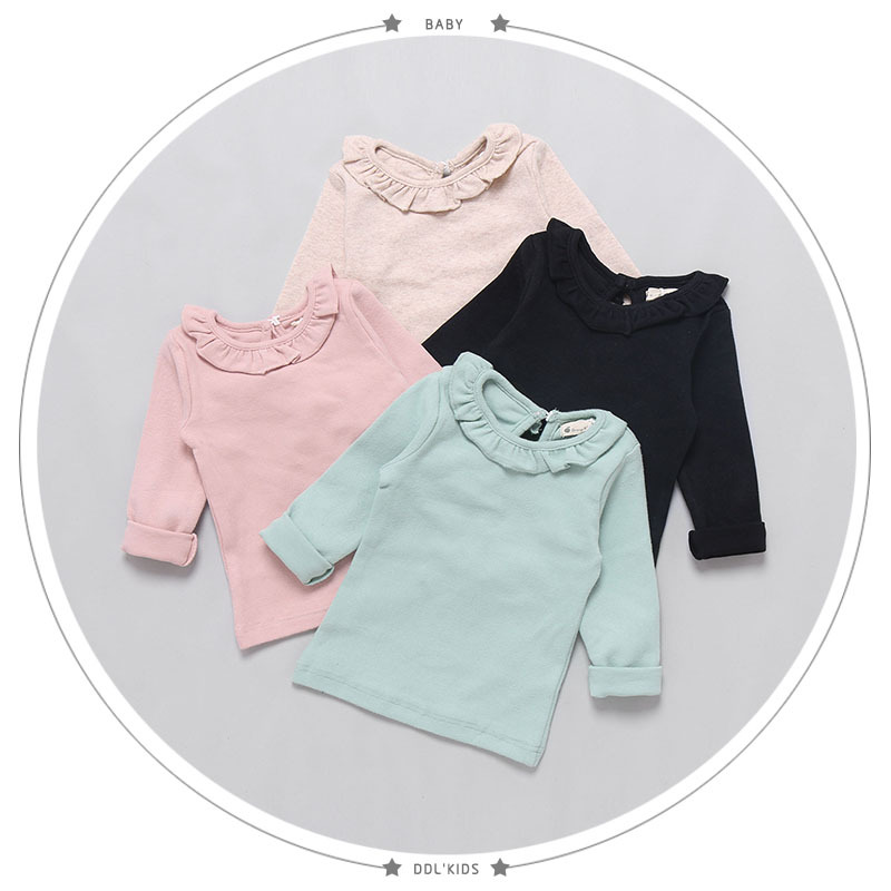 2017新款春季兒童T恤 女童荷葉領全棉打底衫純色中小童上衣工廠,批發,進口,代購