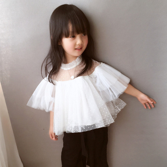 一件代發 韓版甜美公主圓點拼接白色鏤空蕾絲娃娃衫上衣仙批發・進口・工廠・代買・代購