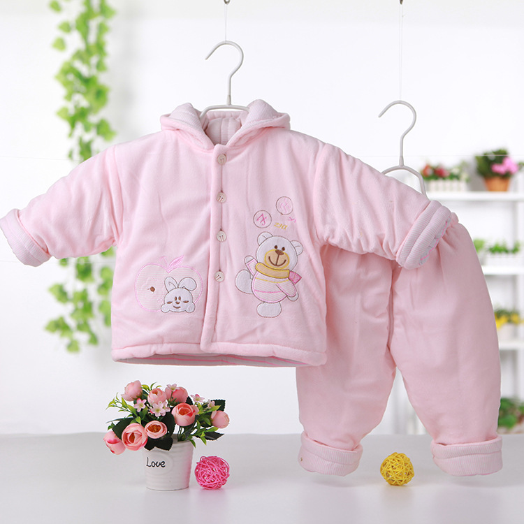 秋冬新款兒童加絨保暖棉衣套裝卡通加厚嬰兒棉服連帽寶寶棉襖批發工廠,批發,進口,代購