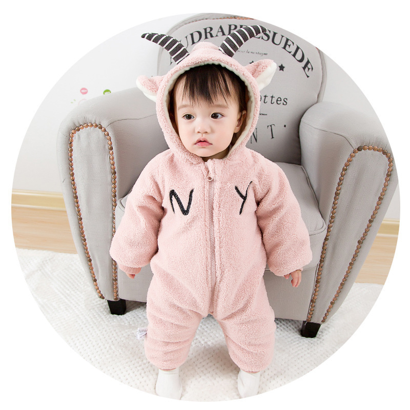 嬰幼童裝一件代發 冬季嬰幼兒寶寶羊角字母連帽加絨連身衣爬服批發・進口・工廠・代買・代購