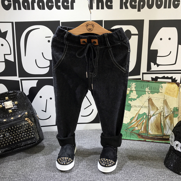 2016冬季新款 男童時髦純色黑色加絨加厚小腳褲子牛仔褲8kf63V工廠,批發,進口,代購