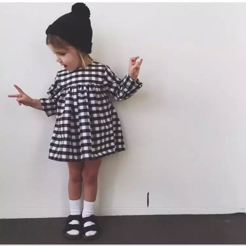 INS爆款 2015童裝秋新款經典黑白格子女童寶寶連衣裙 SHIJ批發工廠,批發,進口,代購
