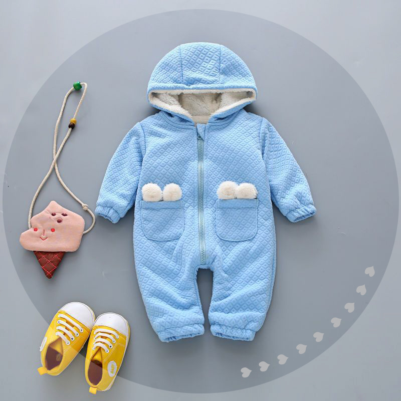 嬰兒服裝 冬款藍色連帽寶寶加絨加厚爬服連身衣 新生兒哈衣批發・進口・工廠・代買・代購
