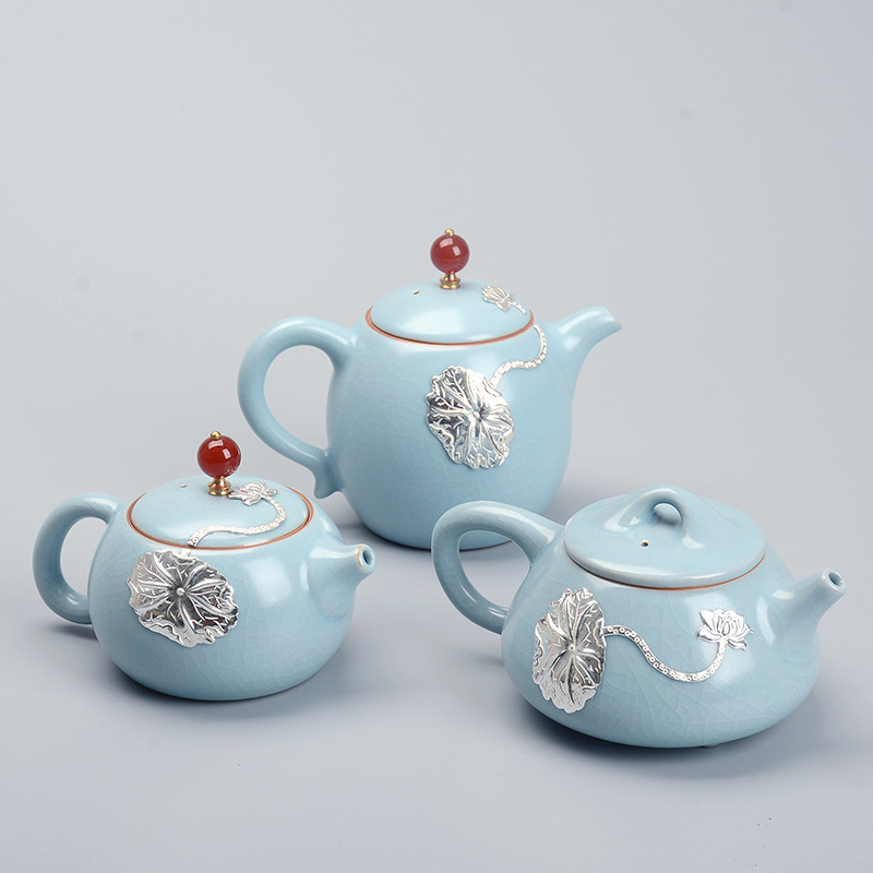 汝窯茶壺側把鑲銀西施壺創意功夫茶具泡茶器可養開片汝瓷禮品批發批發・進口・工廠・代買・代購