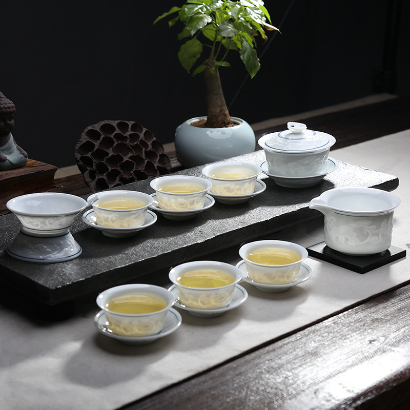 德化陶瓷功夫茶具套裝白瓷影雕薄胎廠傢直銷定製工廠,批發,進口,代購