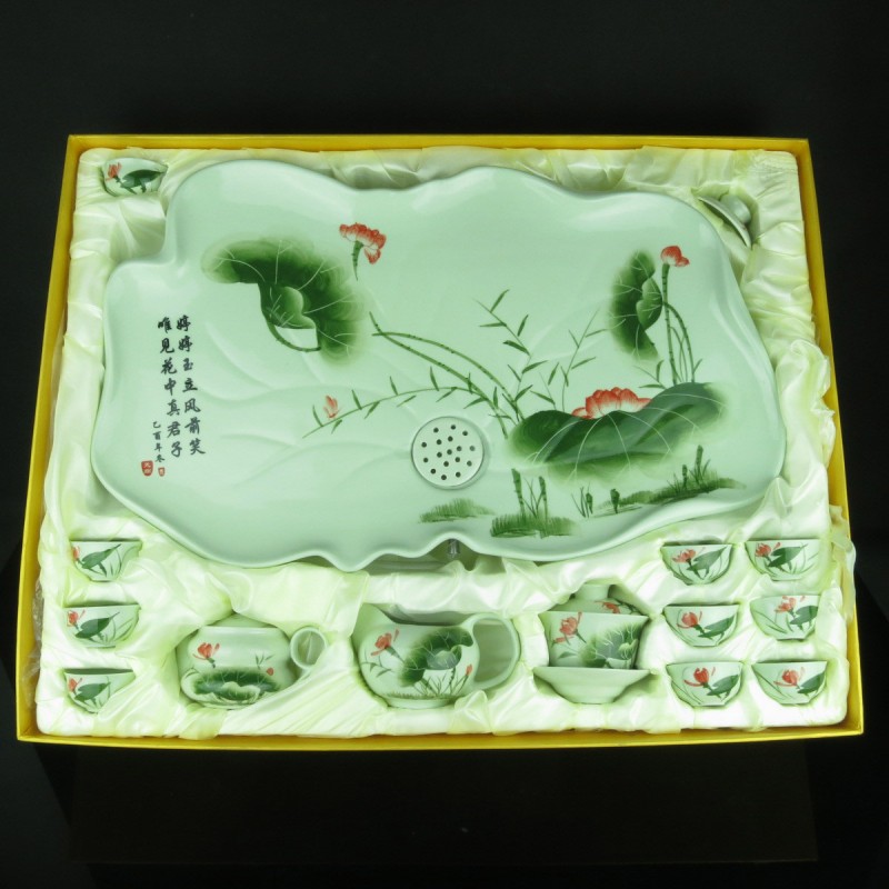 廠傢批發陶瓷茶具 禮品茶具茶盤 高檔潮州功夫茶具套裝 手繪荷花批發・進口・工廠・代買・代購