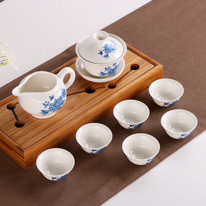 廠傢特價8頭陶瓷功夫茶具套裝青花瓷蓋碗中秋節禮品定製LOGO批發工廠,批發,進口,代購