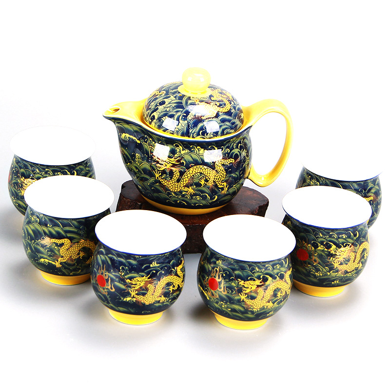 廠傢直銷雙層杯功夫茶具套裝 金龍陶瓷隔熱茶杯帶過濾茶壺批發・進口・工廠・代買・代購