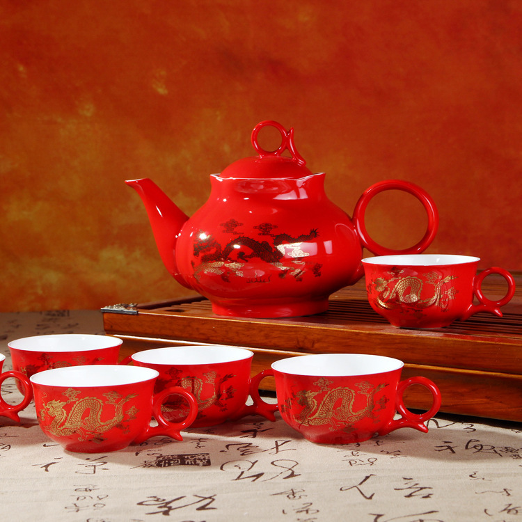 龍鳳茶具套裝 高檔婚慶送禮品 中國紅瓷敬茶杯 喜慶陶瓷茶壺套裝工廠,批發,進口,代購
