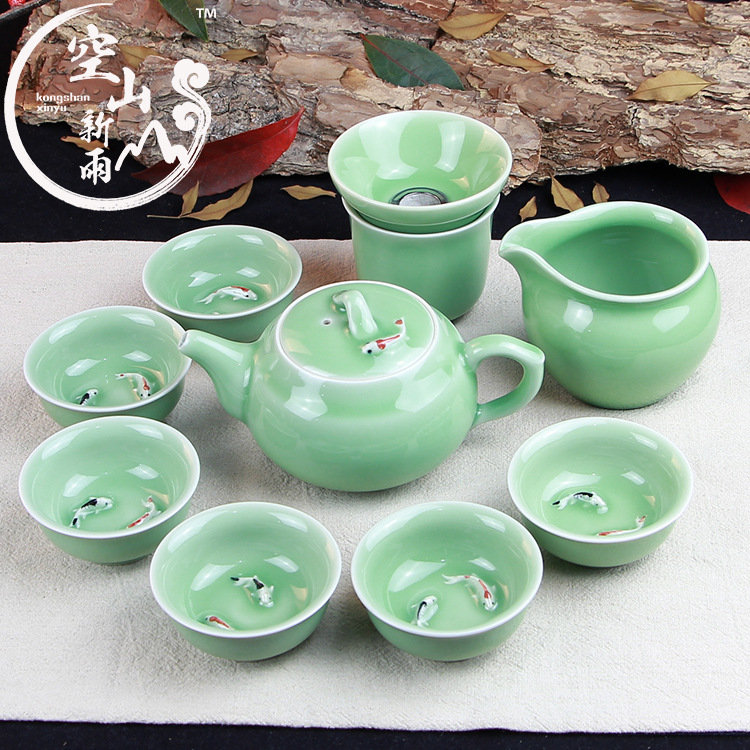 龍泉青瓷茶具 小魚10頭陶瓷功夫茶茶具 整套新年禮品茶具套裝定做工廠,批發,進口,代購