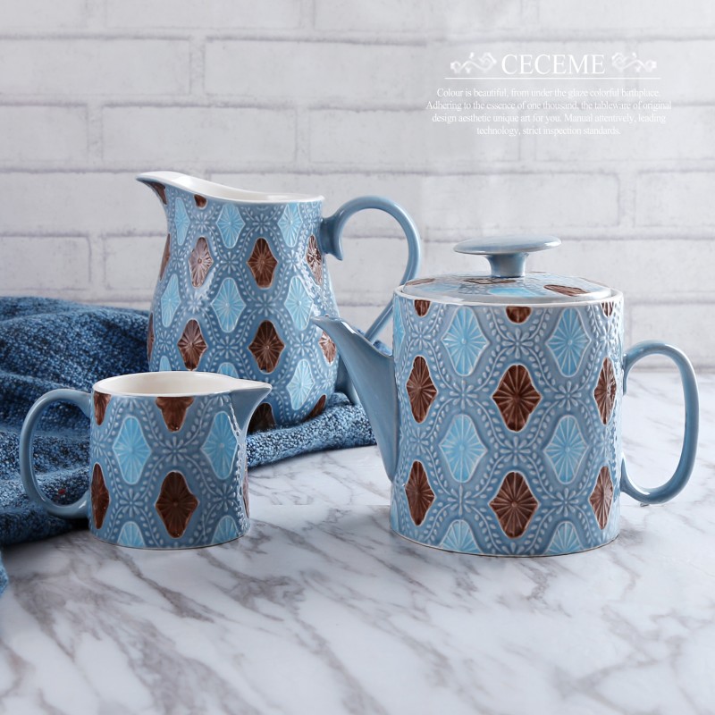 藍色浮雕手繪創陶瓷冷水壺下午茶壺咖啡壺奶缸傢用帶蓋茶具PJ2工廠,批發,進口,代購