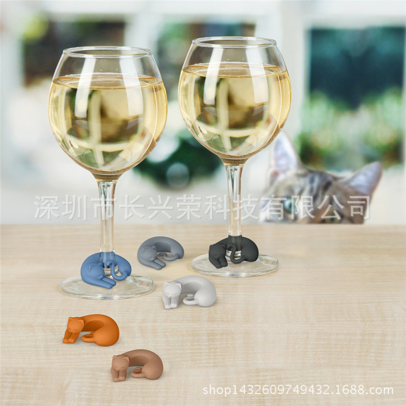 創意動物形狀懶貓杯貼 熱銷歐美新款矽膠懶貓酒杯標識 酒杯標貼批發・進口・工廠・代買・代購