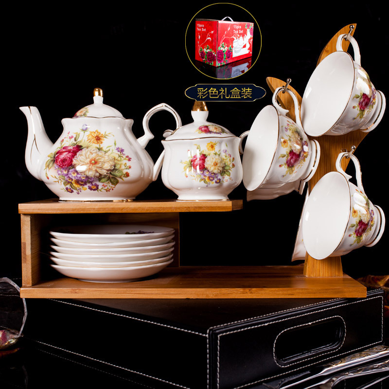 歐式茶具骨瓷咖啡具套裝15頭木架陶瓷咖啡杯英式下午茶茶具工廠,批發,進口,代購
