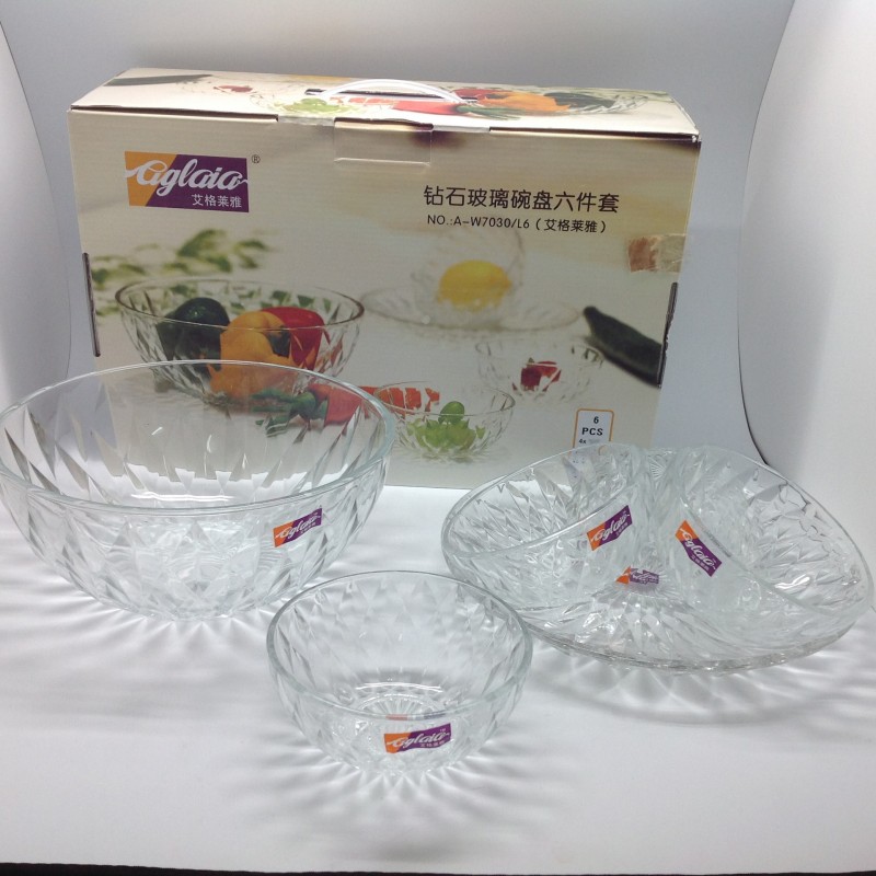 供應廚房用品 餐具高白無鉛鉆石透明玻璃碗盤六件套 特批禮品套裝批發・進口・工廠・代買・代購