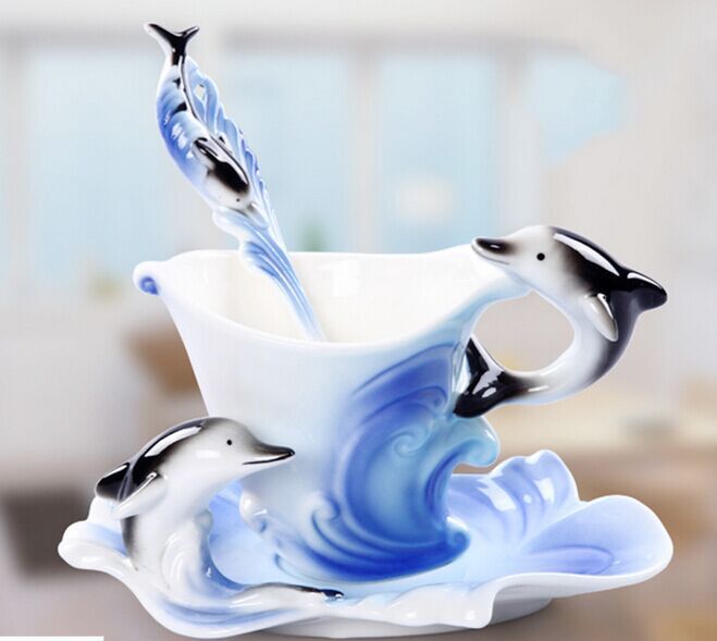 時尚創意海豚套杯 傢居送禮陶瓷禮品咖啡杯碟 陶瓷杯子批發批發・進口・工廠・代買・代購